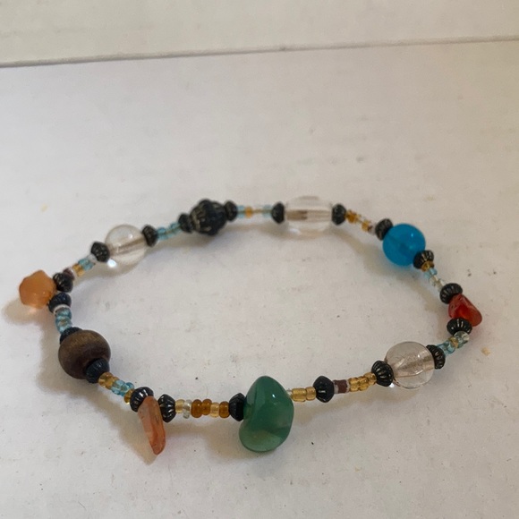 Tumbled Sea Glass Wood Metal Colorful Beads Stretchy Bracelet - Picture 2 of 9